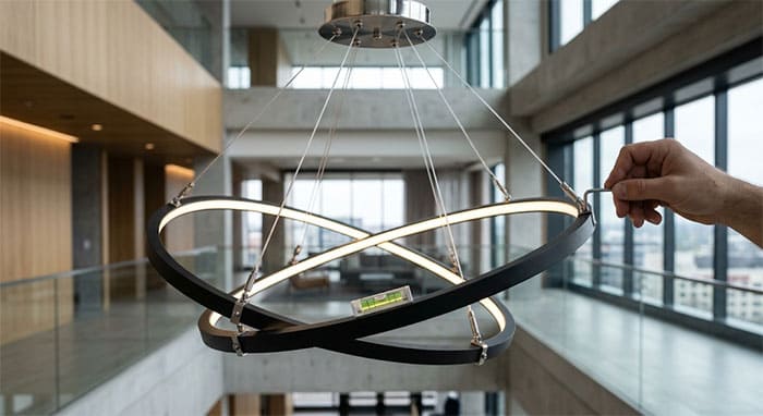 Chi tiết dây cáp chịu lực tàng hình của đèn thả vòng tròn LED