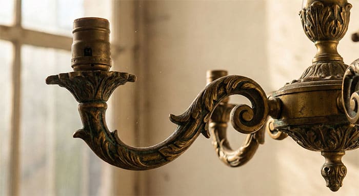Chi tiết hoa văn đèn chùm với lớp màu Patina cổ điển