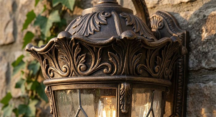 Chi tiết hoa văn nhôm đúc tinh xảo trên nắp đèn ốp tường ngoài trời tân cổ điển