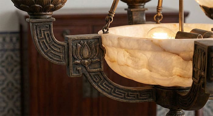 Chi tiết hoa văn trên tay đồng và bát đá của đèn chùm Indochine