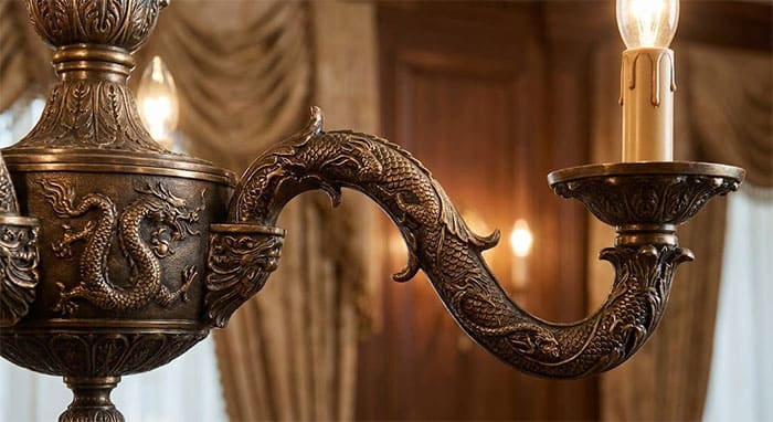 Chi tiết tay đèn chùm nến chạm khắc hoa văn rồng tinh xảo