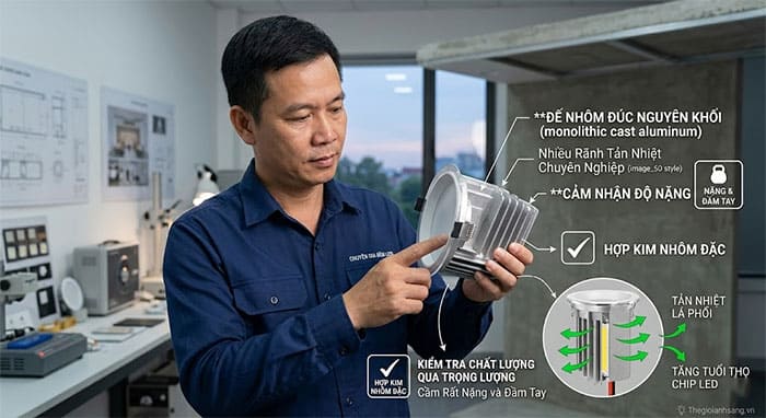 Chuyên gia cầm trên tay chiếc đèn led âm trần đế đúc để cảm nhận độ nặng và kiểm tra chất lượng nhôm