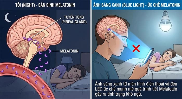 Cơ chế sản sinh Melatonin bị ức chế bởi ánh sáng xanh
