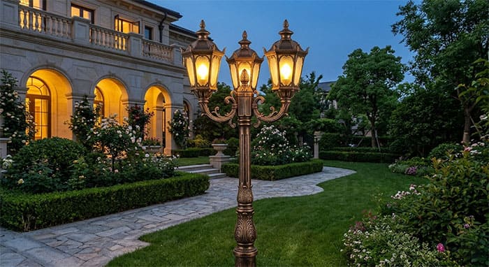 Cột đèn trang trí ngoài trời 3 bóng phong cách châu âu bằng nhôm đúc cao cấp