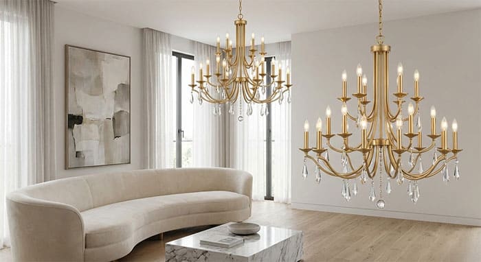 Đèn chùm màu vàng Pháp sang trọng trong không gian nội thất hiện đại