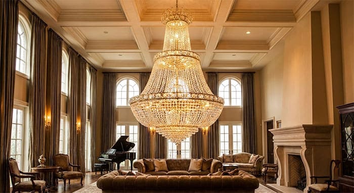 Đèn chùm pha lê sang trọng phù hợp với không gian trần cao và rộng