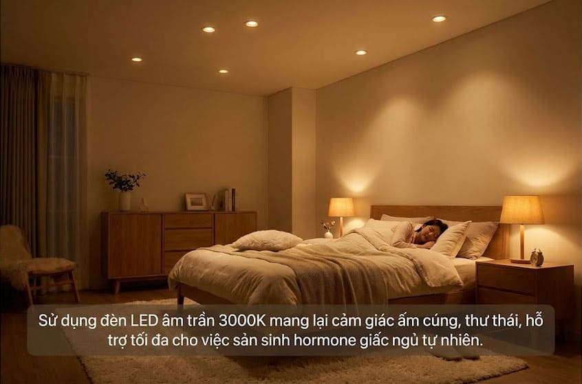 Đèn led âm trần 1 màu ánh sáng vàng 3000K cho phòng ngủ