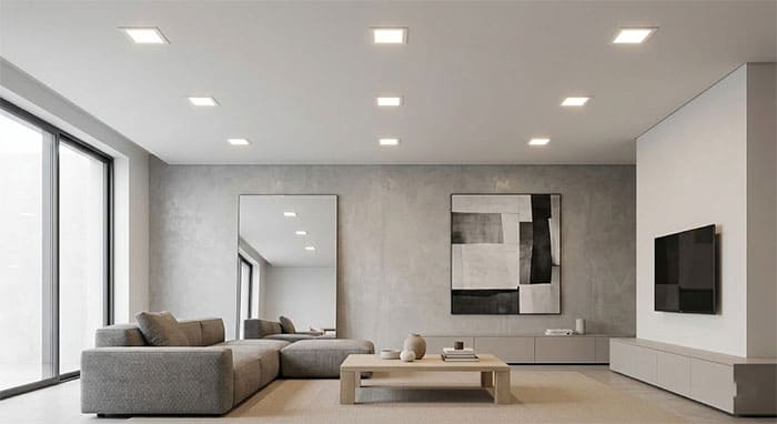 Đèn LED âm trần vuông siêu mỏng ứng dụng trong phòng khách phong cách Tối giản