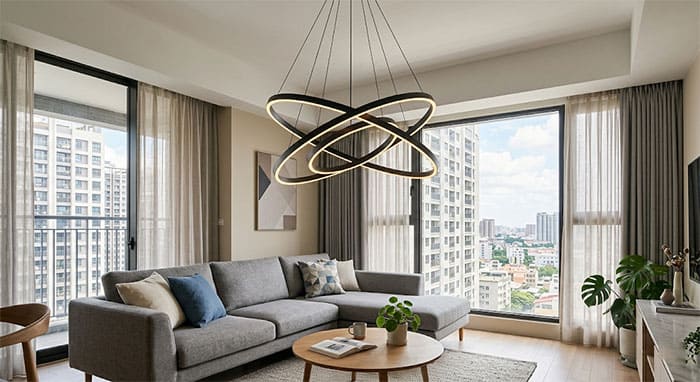 Đèn thả 3 vòng LED đan chéo cho phòng khách chung cư