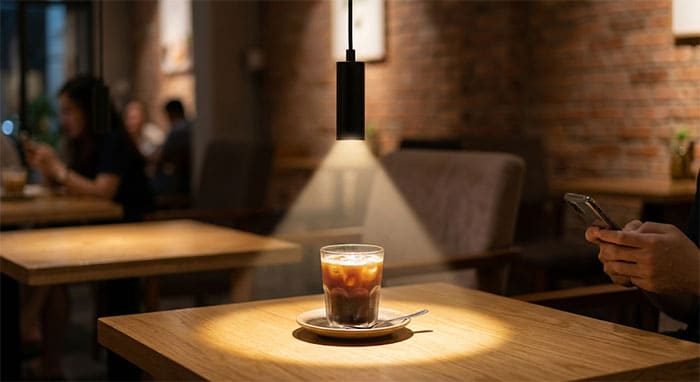 Đèn thả bàn quán cafe sử dụng góc chiếu hẹp tập trung ánh sáng vào mặt bàn