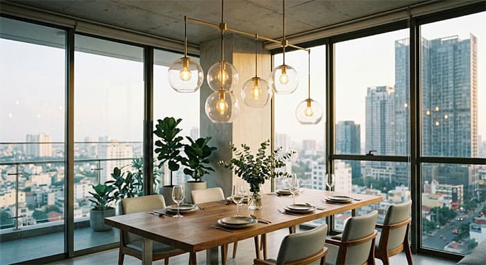 Đèn thả cầu thủy tinh trang trí bàn ăn hiện đại