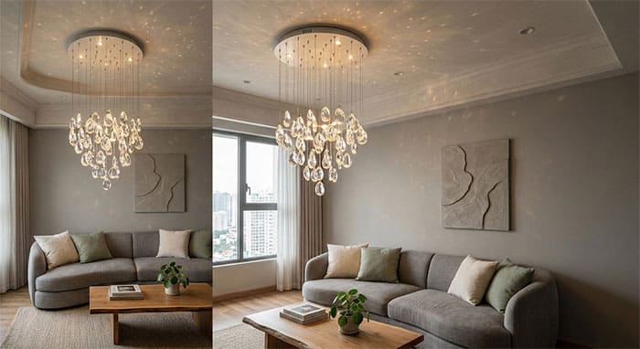 Đèn thả cụm pha lê giọt nước cho phòng khách trần thấp