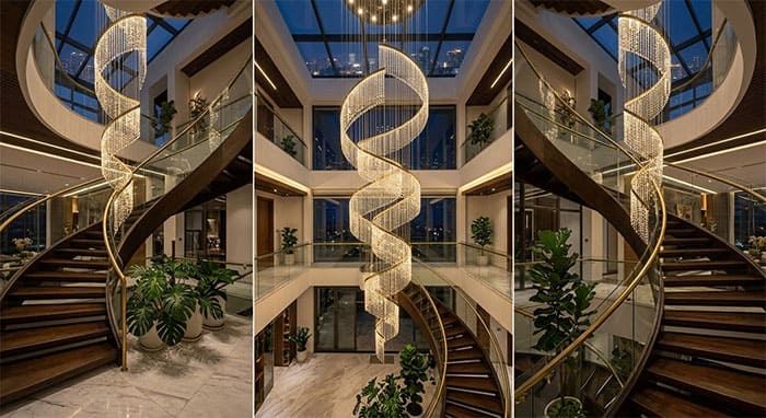 Đèn thả giếng trời hình tròn hoặc lốc xoáy mang lại sự viên mãn và luân chuyển dòng khí tốt