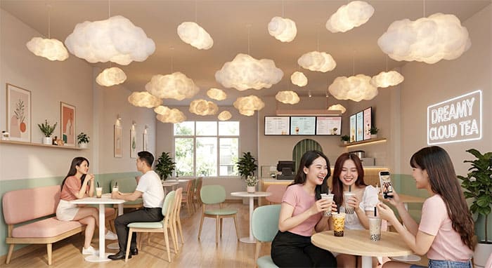 Đèn thả hình đám mây tạo không gian sống ảo mộng mơ cho quán trà sữa