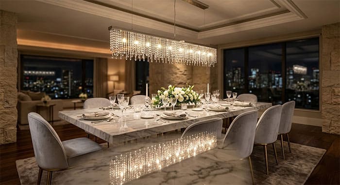 Đèn thả pha lê phòng ăn kết hợp hoàn hảo với bàn ăn mặt đá marble bóng gương