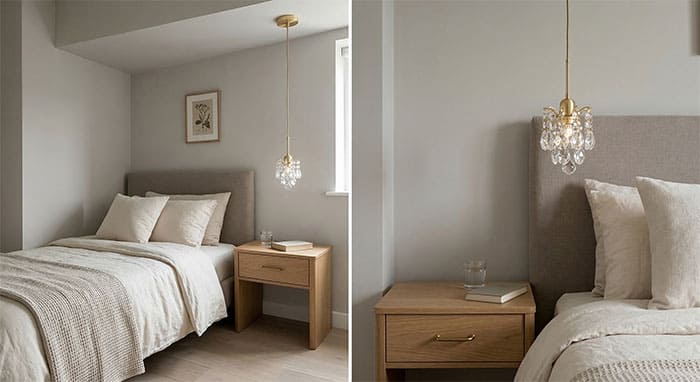 Đèn thả pha lê phòng ngủ mini treo trên tab đầu giường, giải phóng không gian mặt bàn