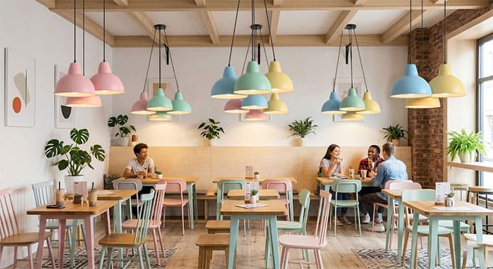 Đèn thả quán trà sữa sử dụng gam màu pastel ngọt ngào như hồng, xanh mint