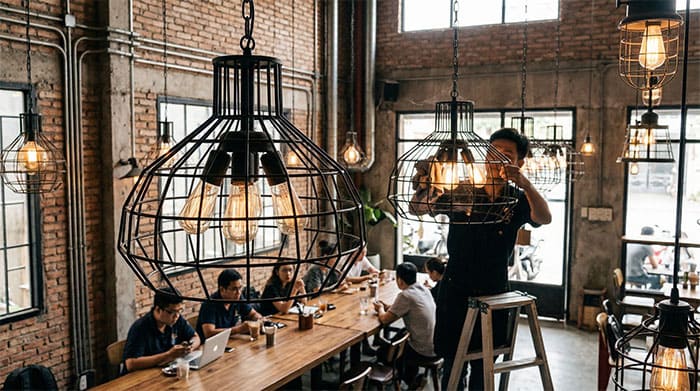 Đèn thả rọ sắt quán cafe với thiết kế mở dễ dàng vệ sinh