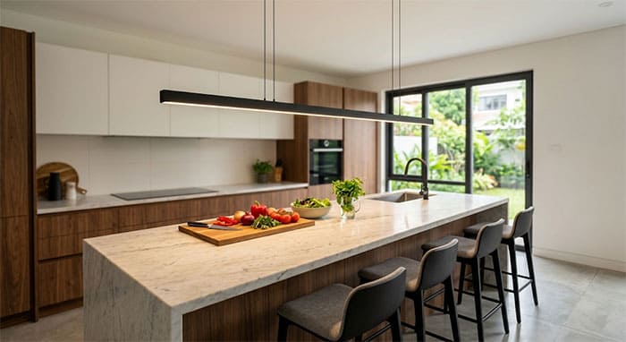 Đèn thả thanh ngang màu đen nhám treo phía trên bàn đảo bếp mặt đá marble