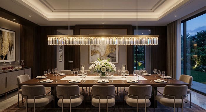 Đèn thả thanh ngang phối pha lê cao cấp treo trên bàn ăn dài