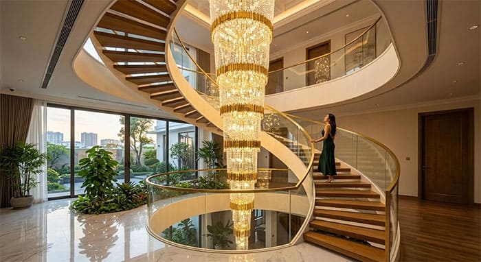 Đèn thả thông tầng rực sáng giúp dẫn truyền sinh khí từ tầng 1 lên các không gian phía trên