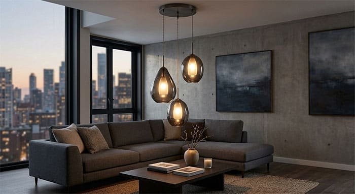 Đèn thả thủy tinh màu khói (Smoke Glass) trang trí phòng khách