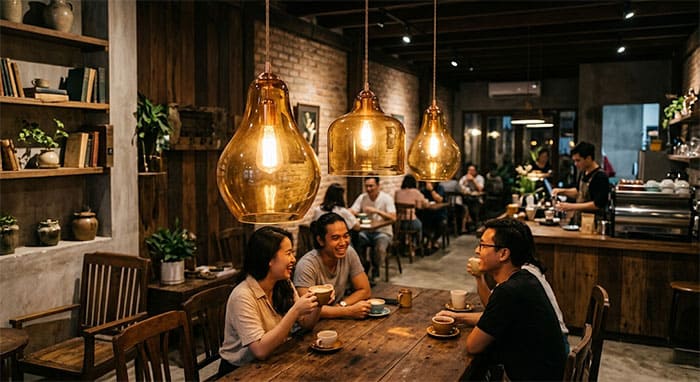 Đèn thả thủy tinh màu trà cho quán cafe