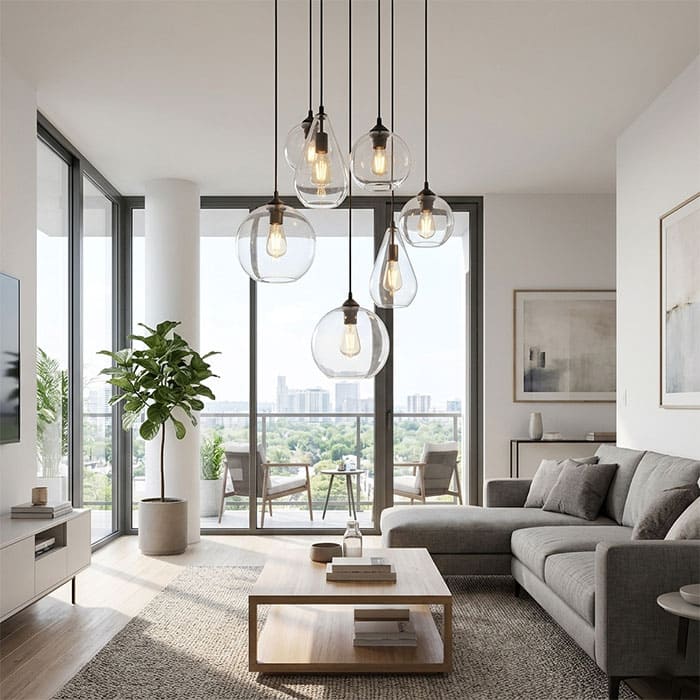 Đèn thả thủy tinh trong suốt trang trí phòng khách hiện đại