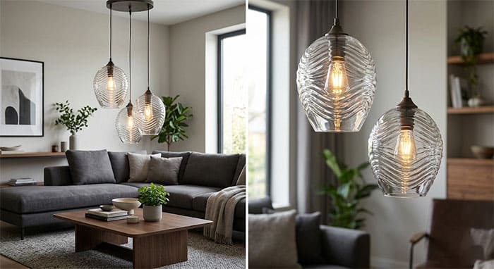 Đèn thả thủy tinh vân sóng trang trí không gian phòng khách