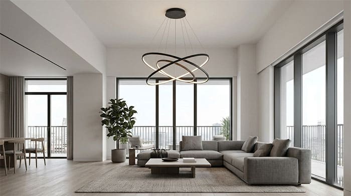 Đèn thả vòng tròn tối giản thả lơ lửng tại phòng khách hiện đại