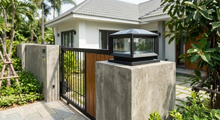 Đèn trụ cổng vuông năng lượng mặt trời lắp trên trụ bê tông vuông
