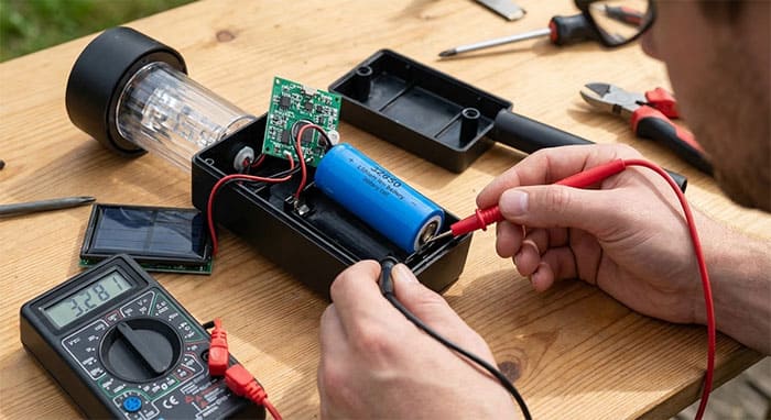 Đo dung lượng pin Lithium 32650 bên trong đèn năng lượng mặt trời bằng đồng hồ vạn năng