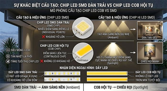 Đồ họa mô phỏng sự khác biệt về cấu tạo giữa chip LED COB hội tụ và chip LED SMD dàn trải