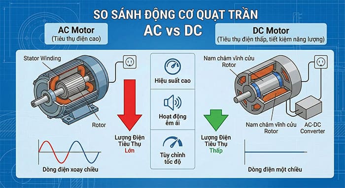 Đồ họa so sánh cấu tạo và mức độ tiêu thụ điện của động cơ quạt trần AC và động cơ quạt trần DC