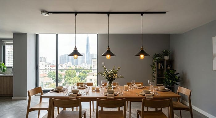 Dùng thanh ray trượt dời tâm đèn thả không cần vá trần