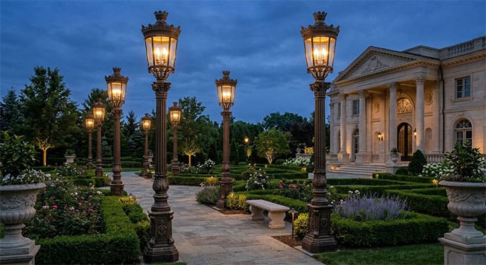 Hệ thống cột đèn chiếu sáng sân vườn biệt thự cao 3m thiết kế tân cổ điển