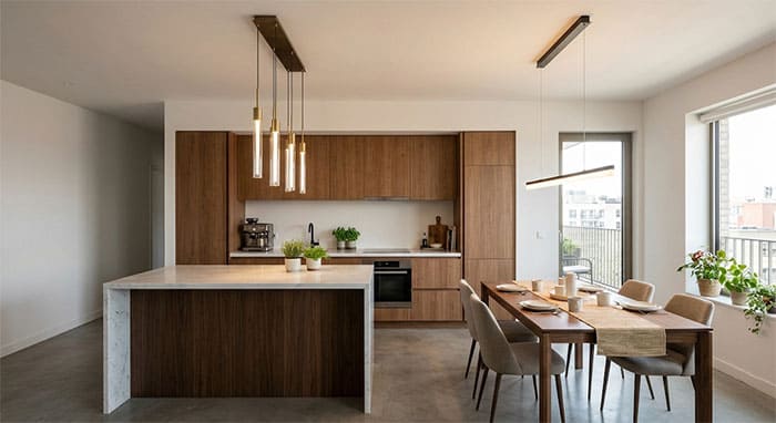 Hệ thống đèn thả chùm hiện đại phân bổ ánh sáng cho khu vực đảo bếp