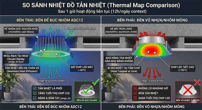 Hình ảnh nhiệt đồ so sánh khả năng tản nhiệt giữa đèn đế đúc và đèn vỏ nhựa sau 1 giờ hoạt động