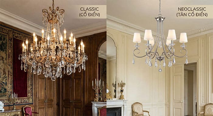 Hình ảnh so sánh trực quan một mẫu đèn chùm cổ điển và một mẫu tân cổ điển