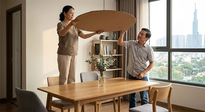 Hướng dẫn cách dùng thùng carton cắt tròn để ướm thử kích thước đèn thả bàn ăn tại nhà