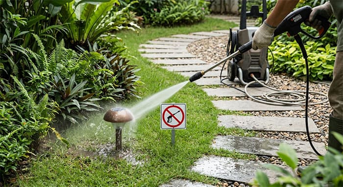 Hướng dẫn cảnh báo tránh phụt vòi rửa xe áp lực cao trực tiếp vào cụm đèn nấm sân vườn