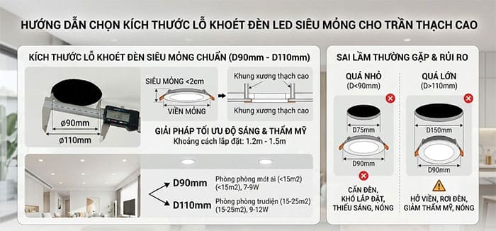 Hướng dẫn chọn kích thước lỗ khoét đèn LED siêu mỏng cho trần thạch cao