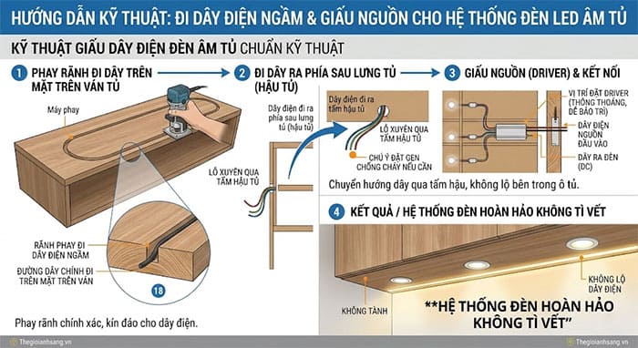 Hướng dẫn kỹ thuật đi dây điện ngầm và giấu nguồn cho hệ thống đèn led âm tủ