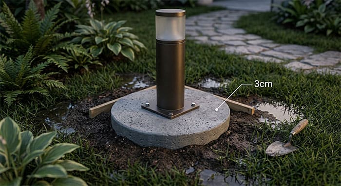 Hướng dẫn kỹ thuật đổ ụ bê tông cao 3cm để cách ly đế đèn trụ sân vườn khỏi bùn đất ngập úng