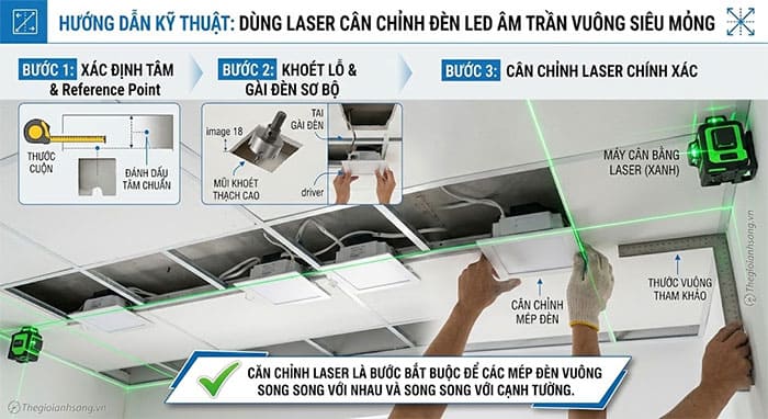 Hướng dẫn kỹ thuật dùng Laser căn chỉnh đèn LED âm trần vuông siêu mỏng