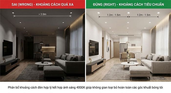 Khoảng cách lắp đặt đèn âm trần tiêu chuẩn