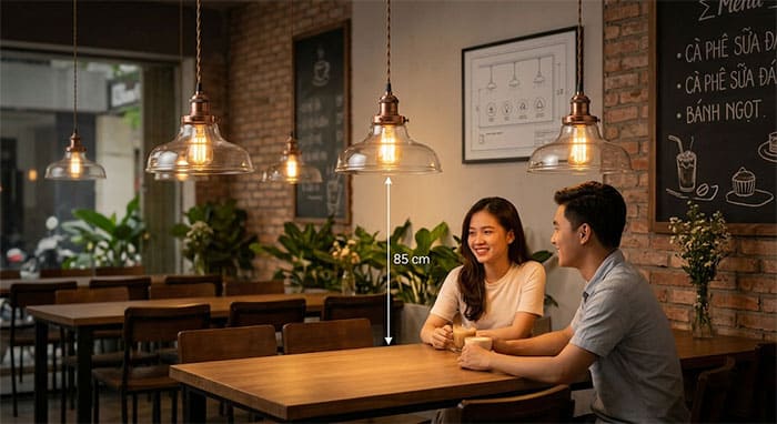 Khoảng cách treo đèn quán cafe chuẩn giúp tránh ánh sáng chiếu đỉnh đầu