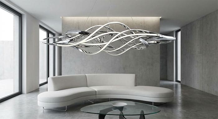 Không gian nội thất tối giản phù hợp với đèn chùm kiểu lạ