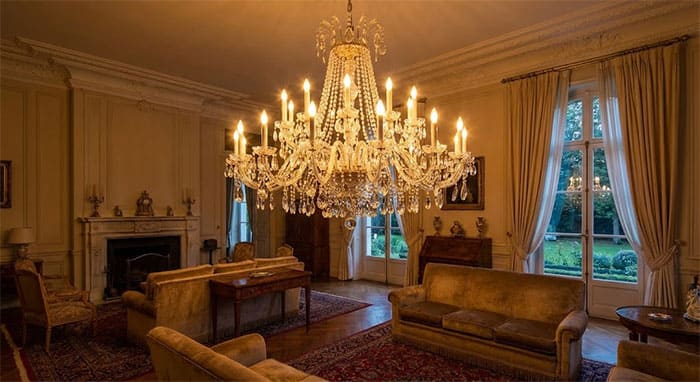 Không gian phòng khách biệt thự tân cổ điển với đèn Maria Theresa