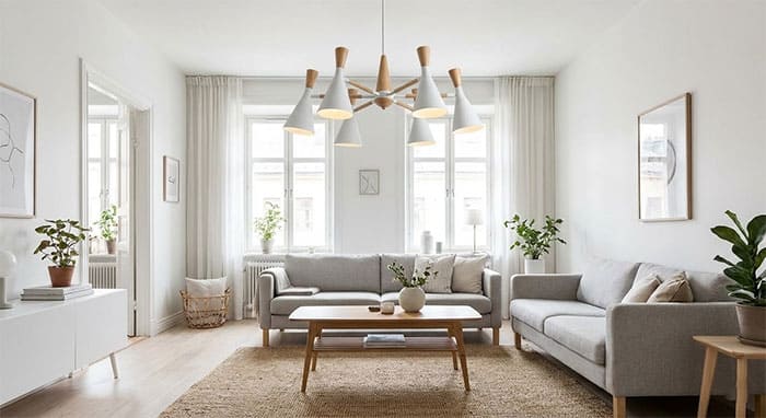 Không gian phòng khách căn hộ bài trí đèn chùm phong cách Bắc Âu hài hòa